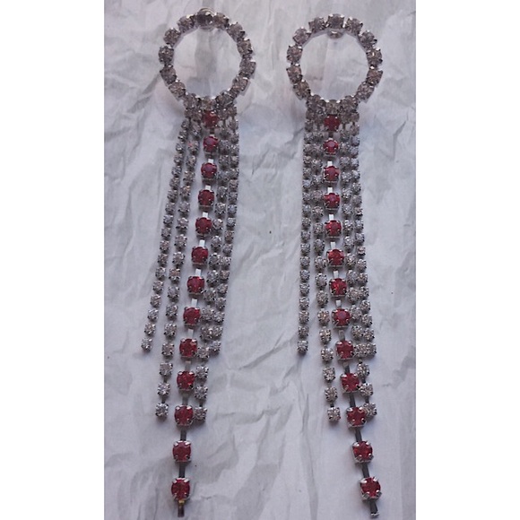 Earrings Long Drop Red Clear Crystals Silver Tone - Picture 4 of 6